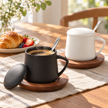 Ceramic Mug Gift Set with Lid, Spoon & Wooden Saucer – 450 mL