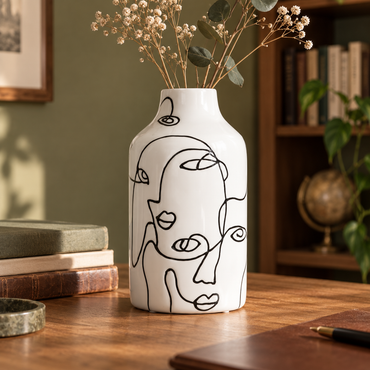 Abstract Face Line Art Ceramic Vase – Black & White
