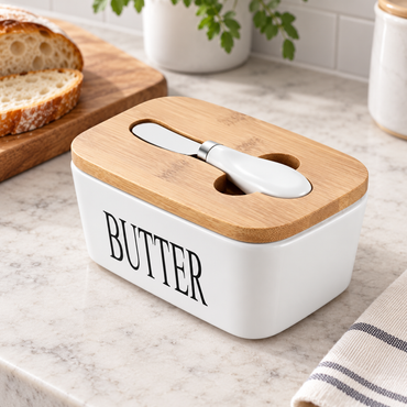 White Ceramic Butter Dish with Bamboo Lid & Knife