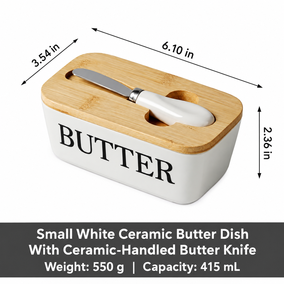 White Ceramic Butter Dish with Bamboo Lid & Knife
