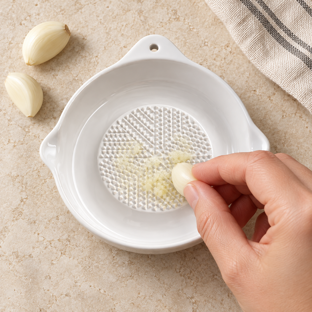 White Ceramic Garlic Grater Plate with Pouring Spout