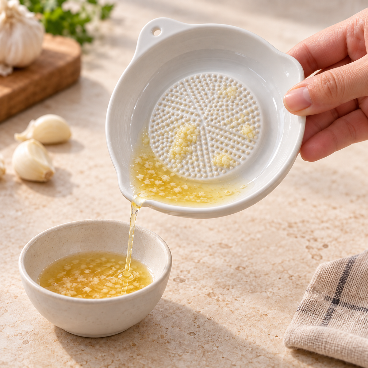 White Ceramic Garlic Grater Plate with Pouring Spout