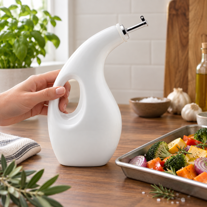 White Ceramic Olive Oil Dispenser with Integrated Handle