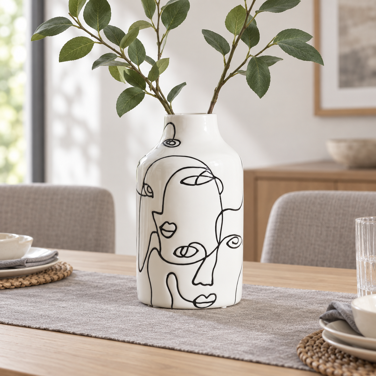 Abstract Face Line Art Ceramic Vase – Black & White