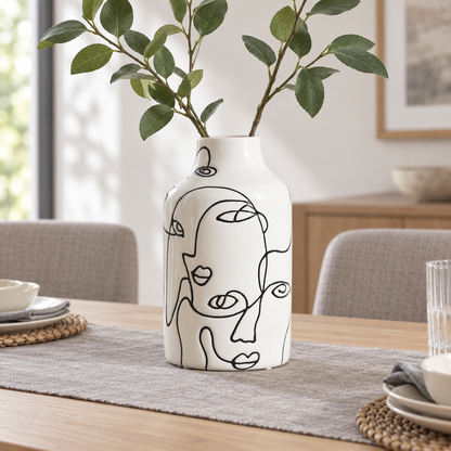 Abstract Face Line Art Ceramic Vase – Black & White