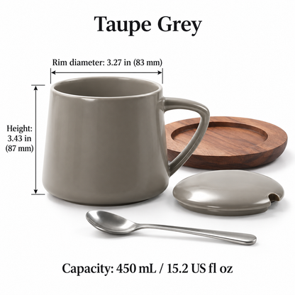 Ceramic Mug Gift Set with Lid, Spoon & Wooden Saucer – 450 mL