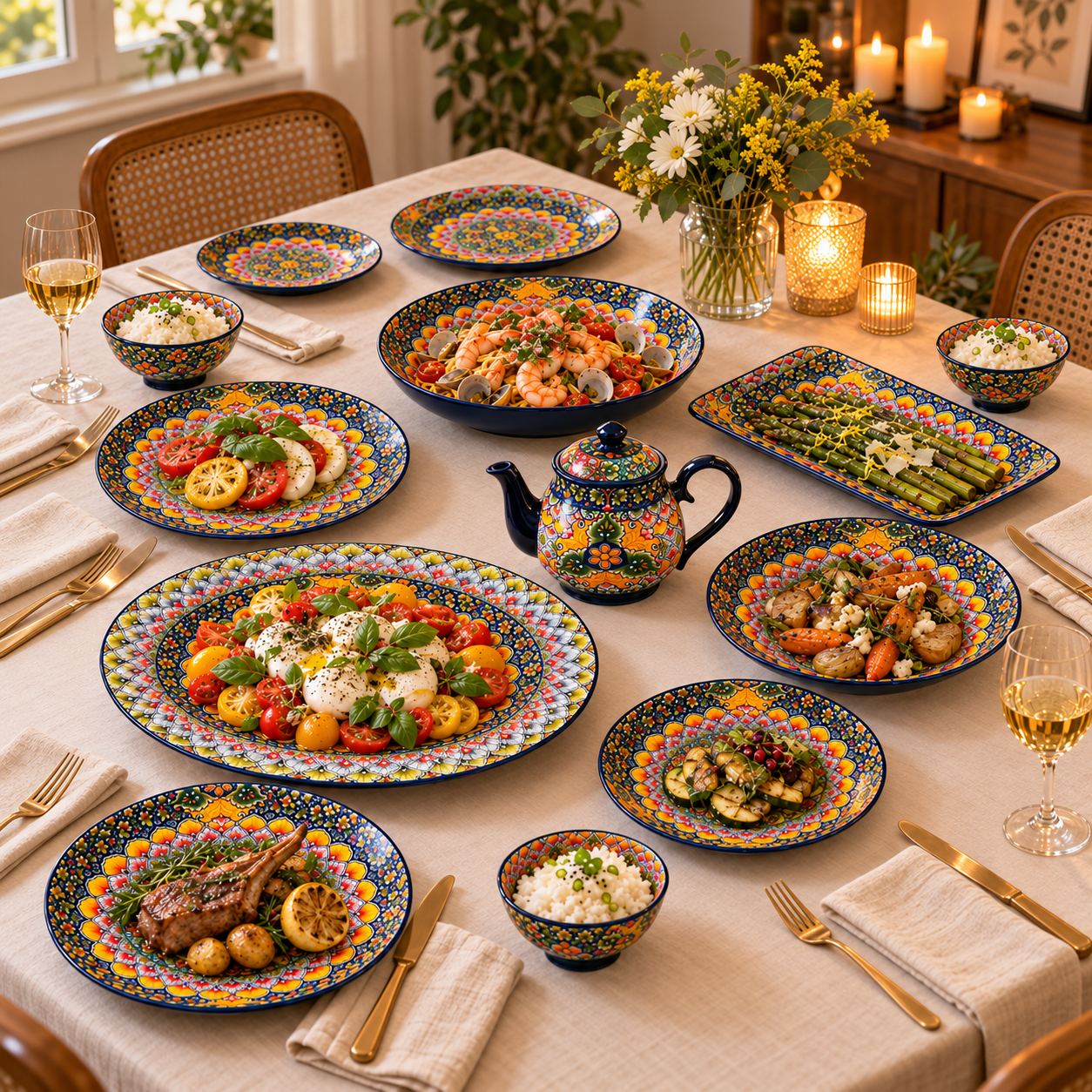 Colorful Floral Ceramic Tableware – Plates, Bowls, Platters & Teapot