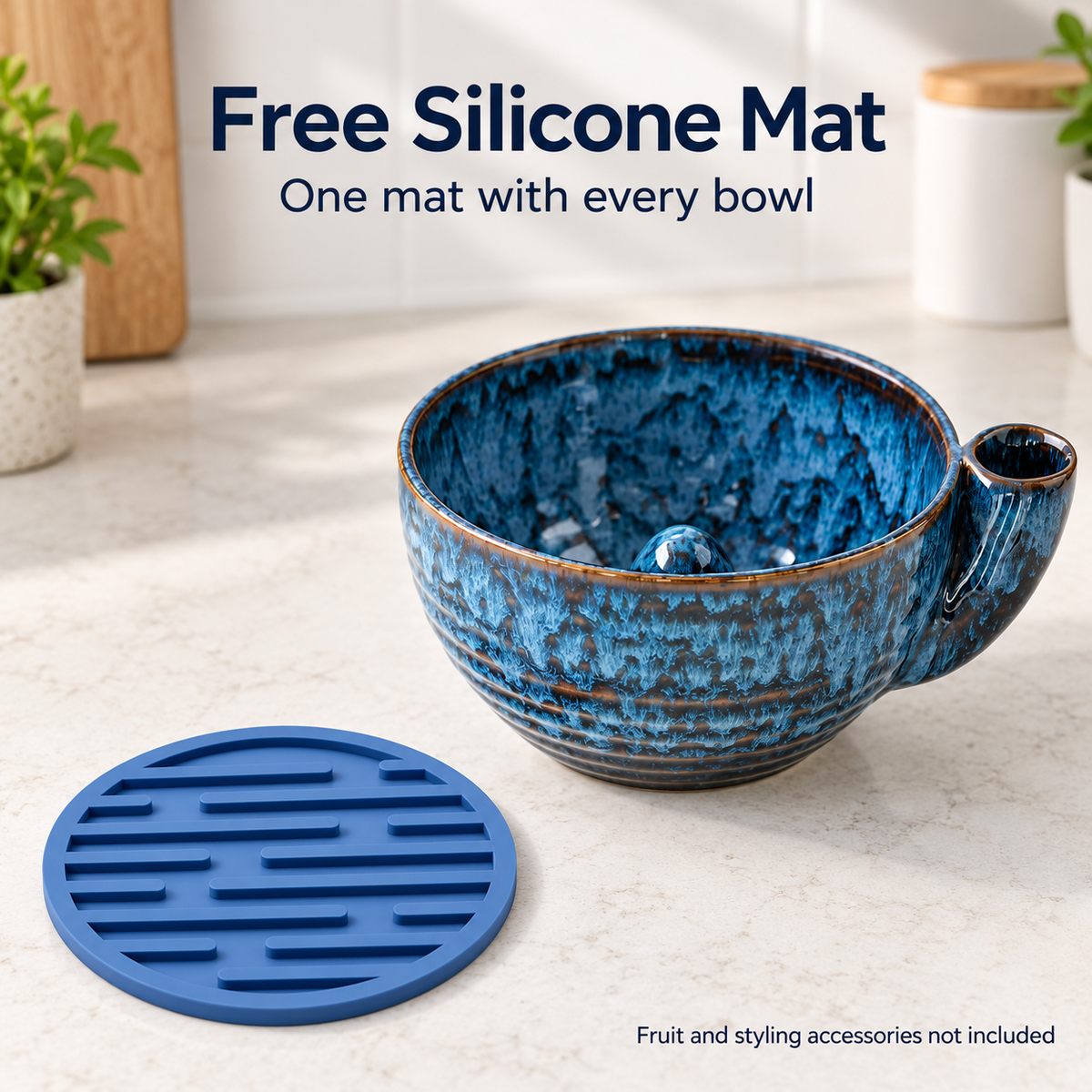 Blue Ceramic Berry Swirl Bowl with Free Silicone Mat