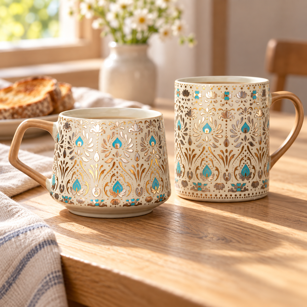 Ornate Ceramic Coffee Mug – Gold & Turquoise Feather Design