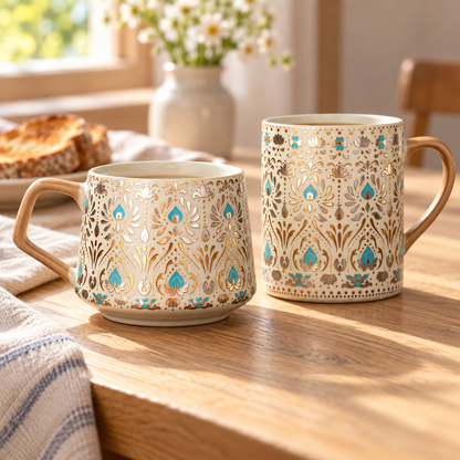 Ornate Ceramic Coffee Mug – Gold & Turquoise Feather Design