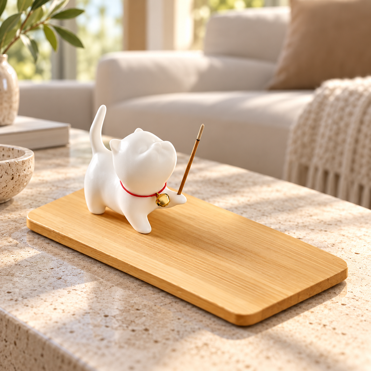 White Ceramic Cat Incense Holder – With or Without Tray