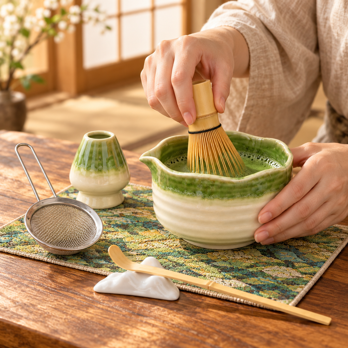 7-Piece Scalloped Ceramic Matcha Set with Gift Box