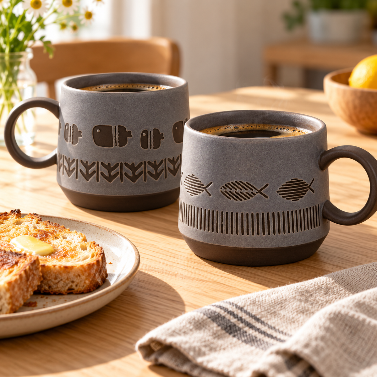 Textured Ceramic Fish Mug – Matte Grey, 450 mL