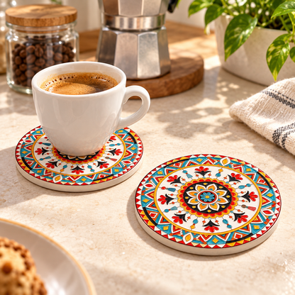 Decorative Ceramic Coaster with Cork Backing – Four Designs
