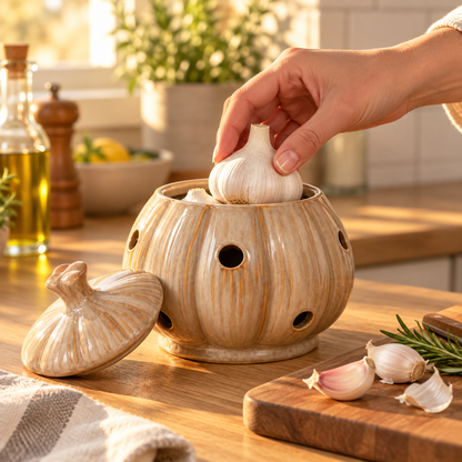 Garlic-Shaped Ceramic Garlic Keeper with Lid