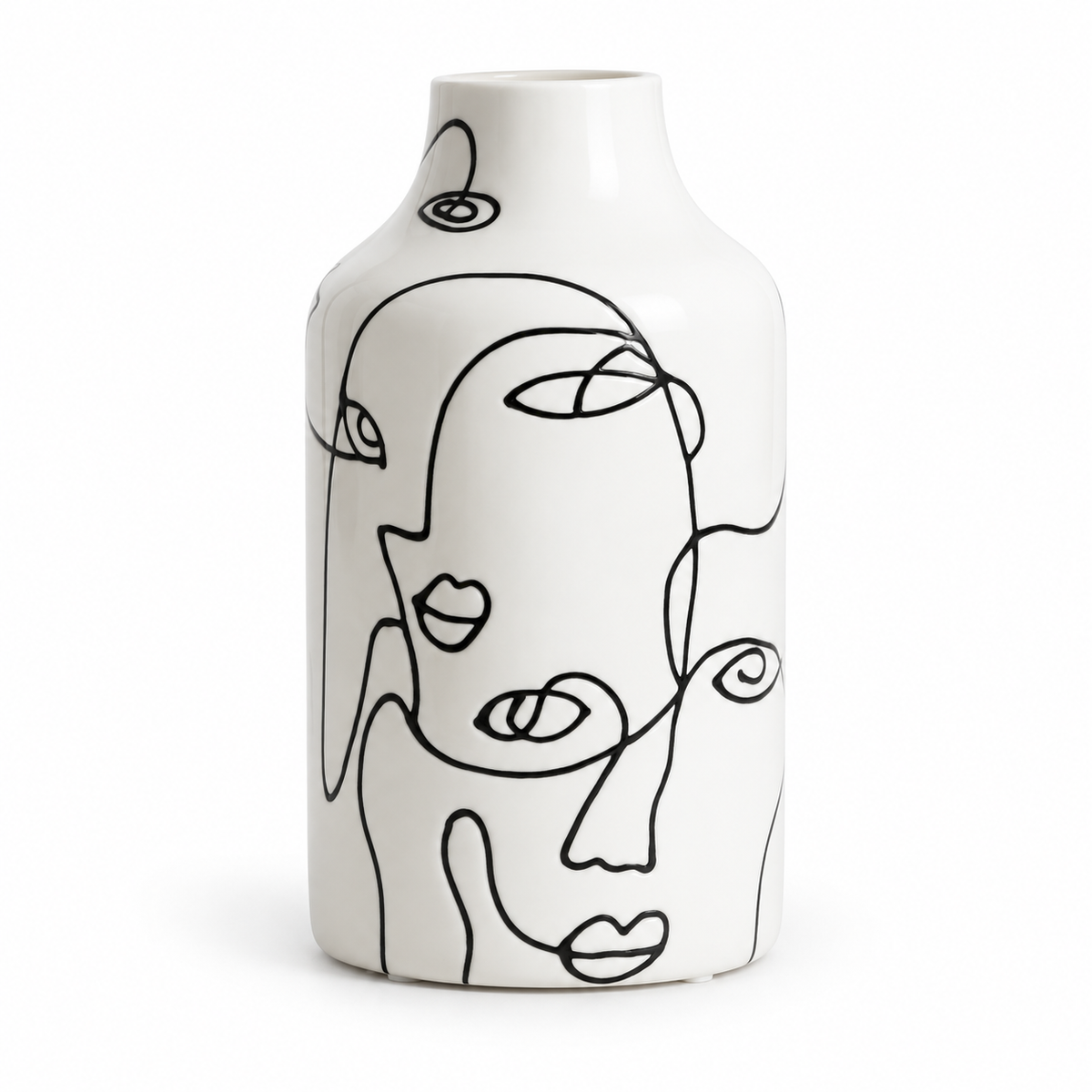 Abstract Face Line Art Ceramic Vase – Black & White