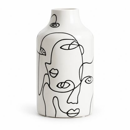 Abstract Face Line Art Ceramic Vase – Black & White