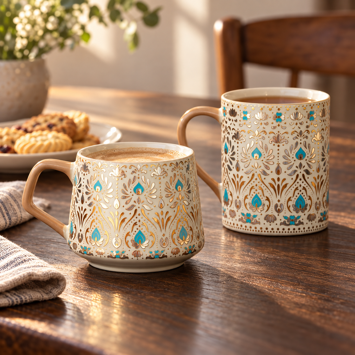 Ornate Ceramic Coffee Mug – Gold & Turquoise Feather Design