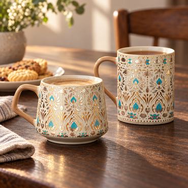 Ornate Ceramic Coffee Mug – Gold & Turquoise Feather Design