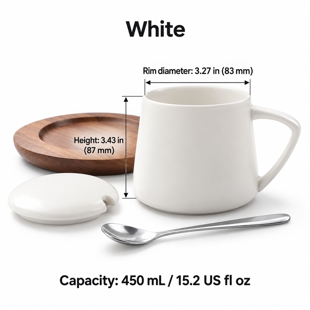 Ceramic Mug Gift Set with Lid, Spoon & Wooden Saucer – 450 mL
