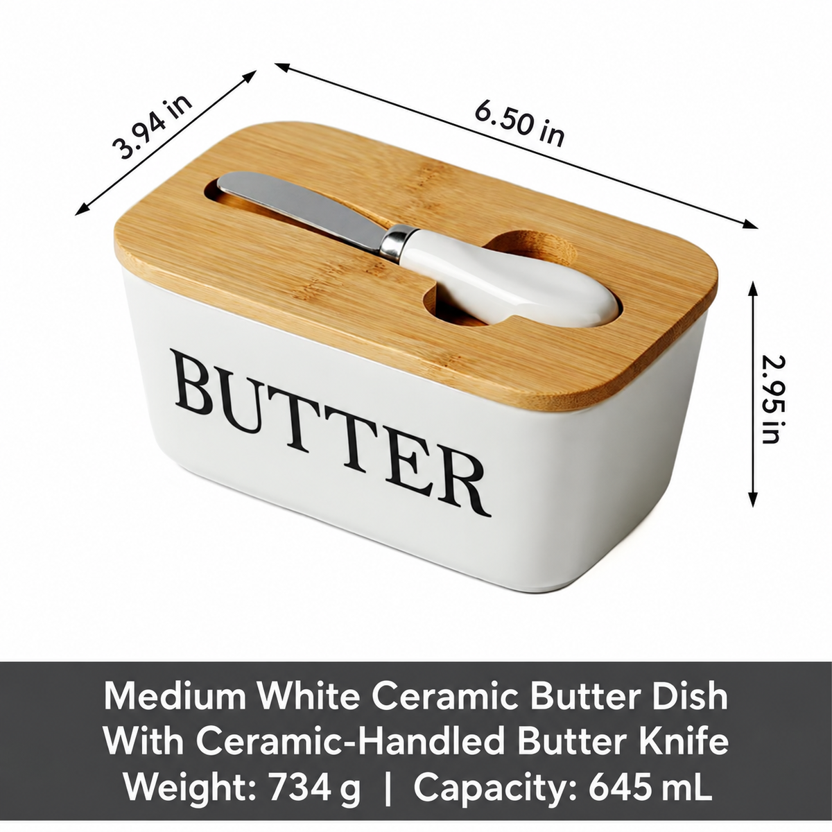 White Ceramic Butter Dish with Bamboo Lid & Knife