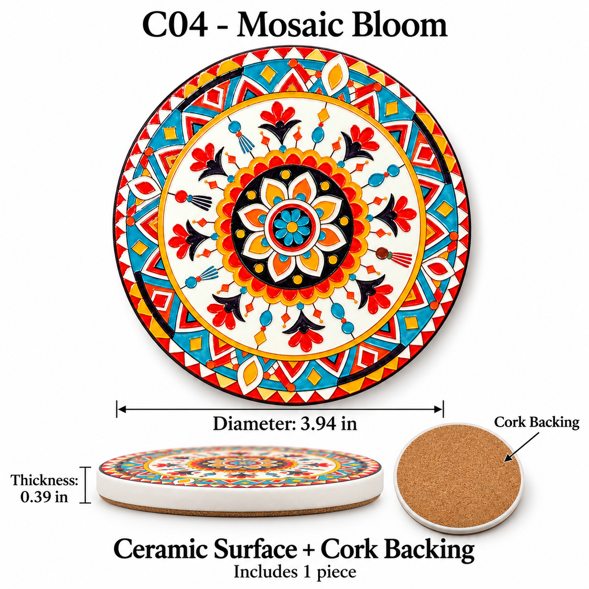 Decorative Ceramic Coaster with Cork Backing – Four Designs
