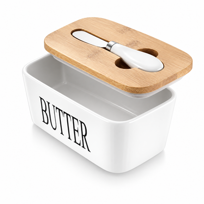 White Ceramic Butter Dish with Bamboo Lid & Knife