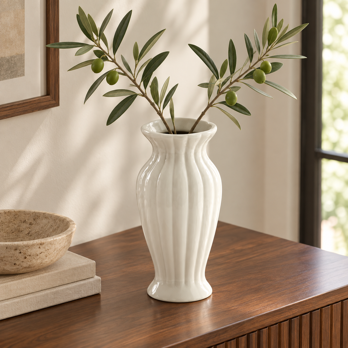 Cream White Ribbed Ceramic Vase – Four Classic Styles