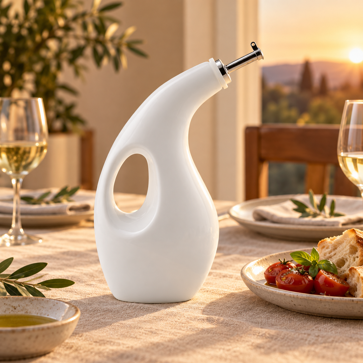 White Ceramic Olive Oil Dispenser with Integrated Handle