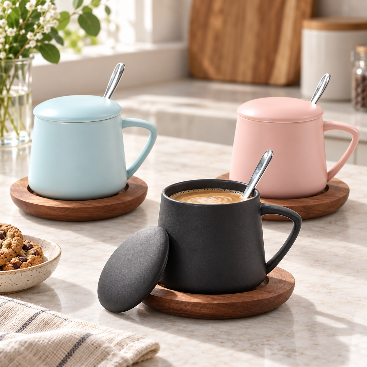 Ceramic Mug Gift Set with Lid, Spoon & Wooden Saucer – 450 mL