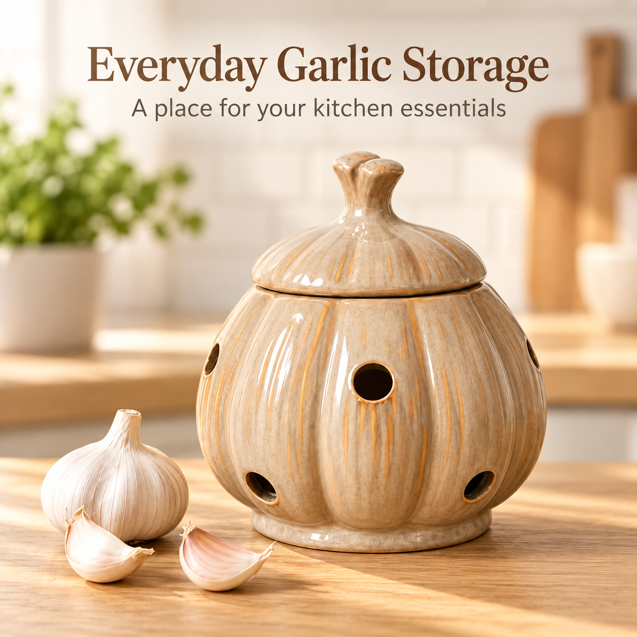 Garlic-Shaped Ceramic Garlic Keeper with Lid