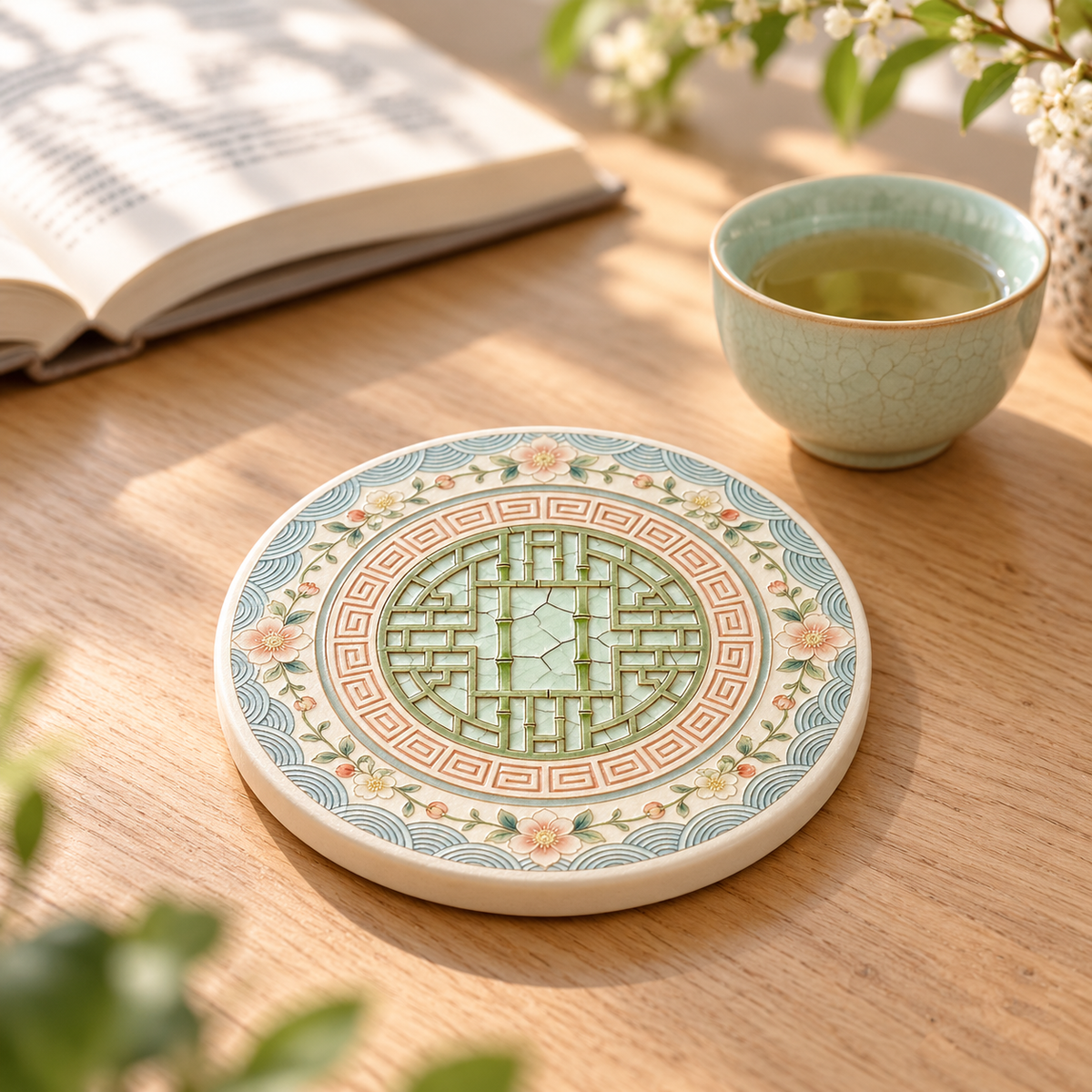 Decorative Ceramic Coaster with Cork Backing – Four Designs
