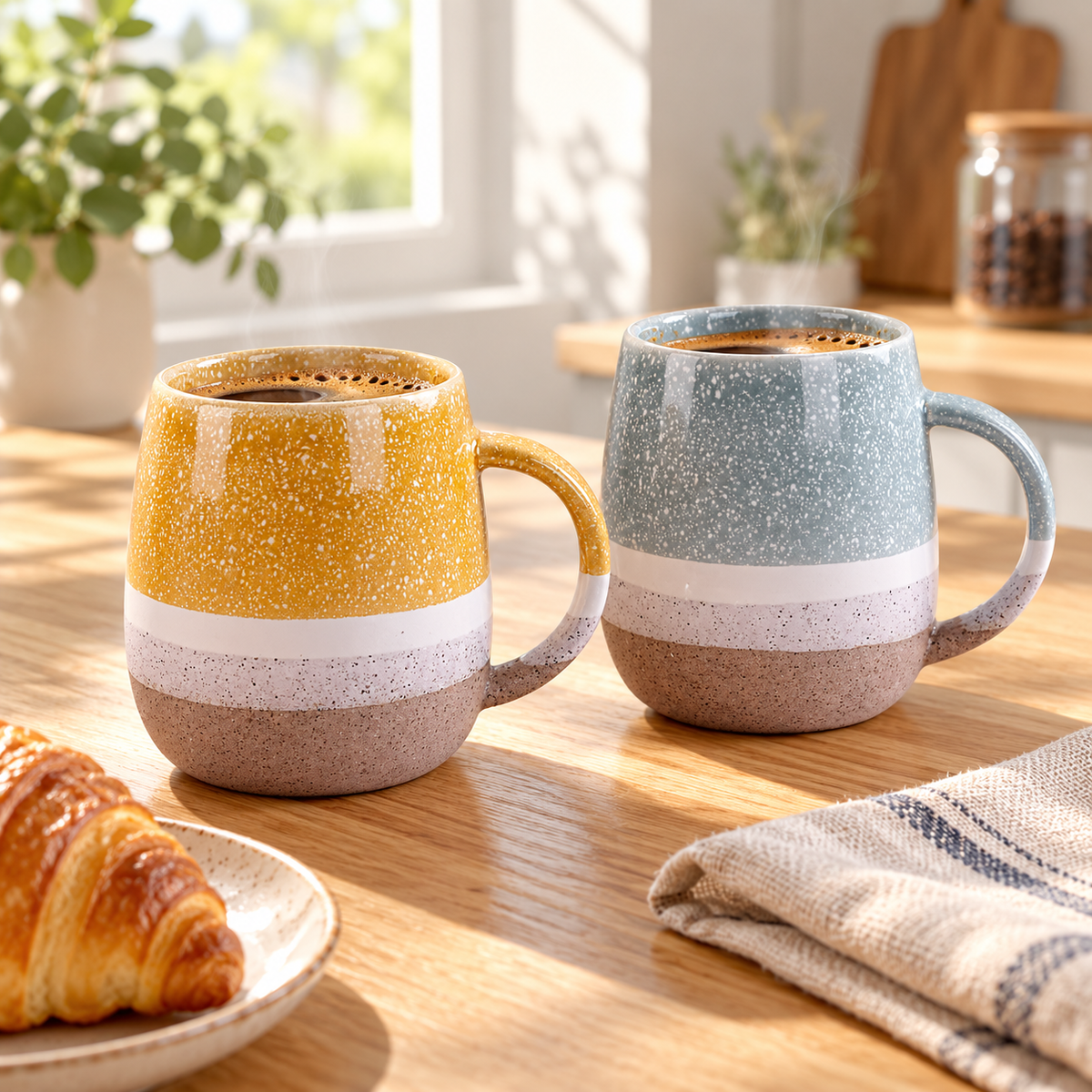 Speckled Ceramic Coffee Mug, 350 ml – Mustard Yellow & Blue Gray