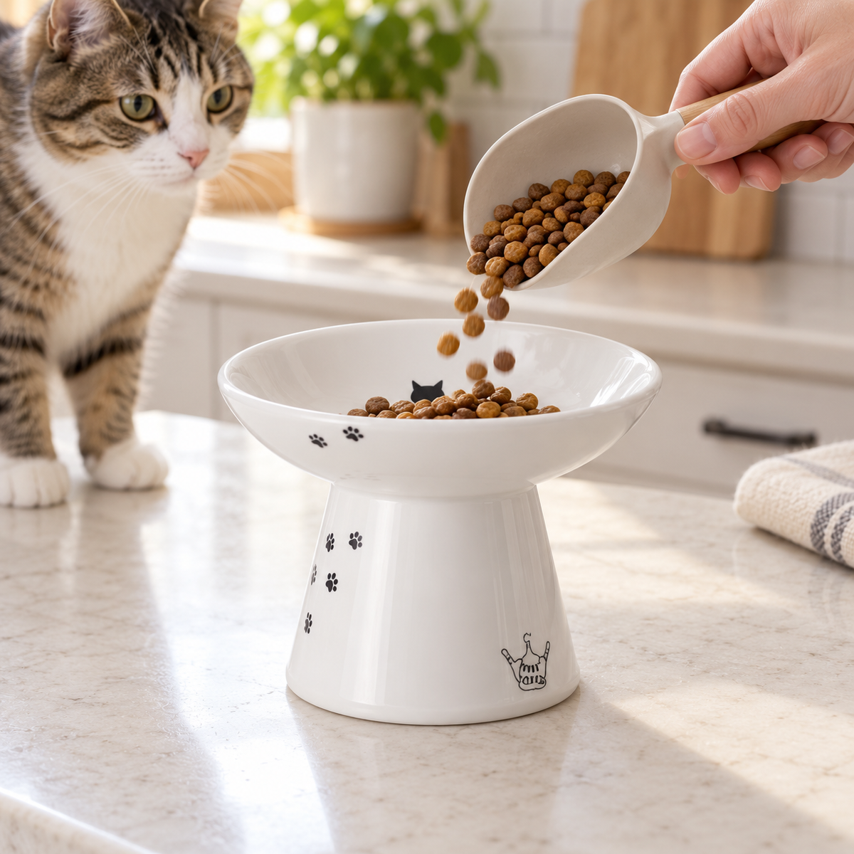 White Ceramic Elevated Cat Bowl – Wide & Shallow Design