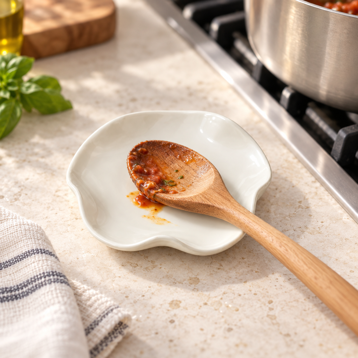 Ivory Ceramic Spoon Rest – Organic Wavy Edge