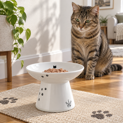 White Ceramic Elevated Cat Bowl – Wide & Shallow Design