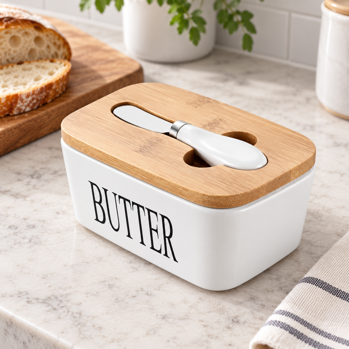 White Ceramic Butter Dish with Bamboo Lid & Knife