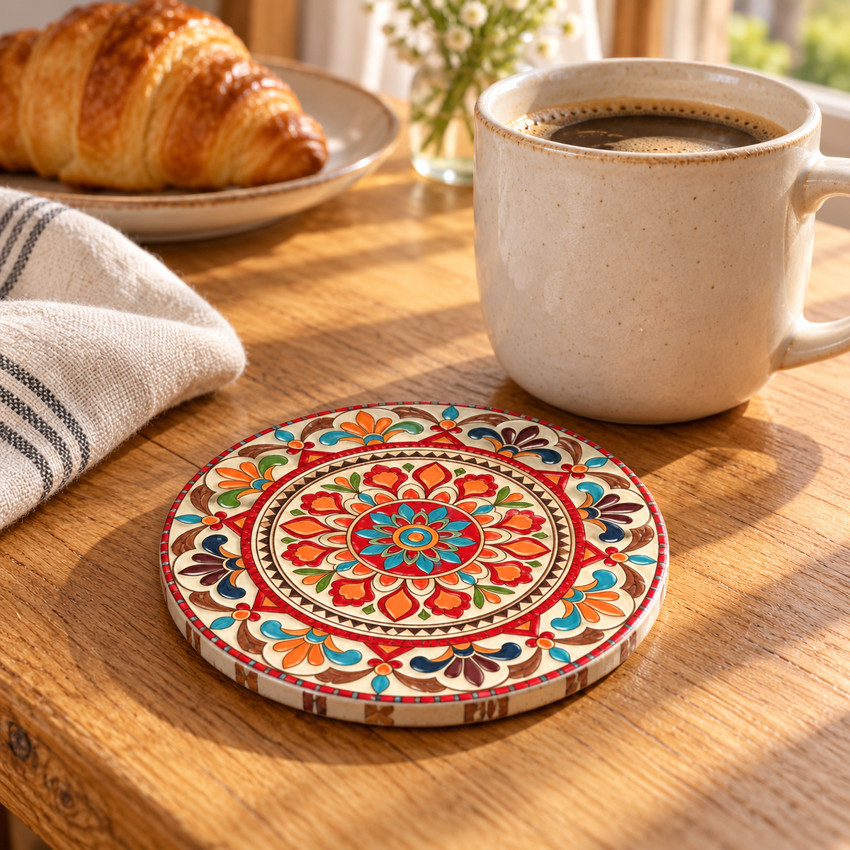 Decorative Ceramic Coaster with Cork Backing – Four Designs