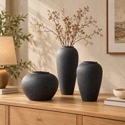 Black Textured Ceramic Vase – Three Sculptural Styles