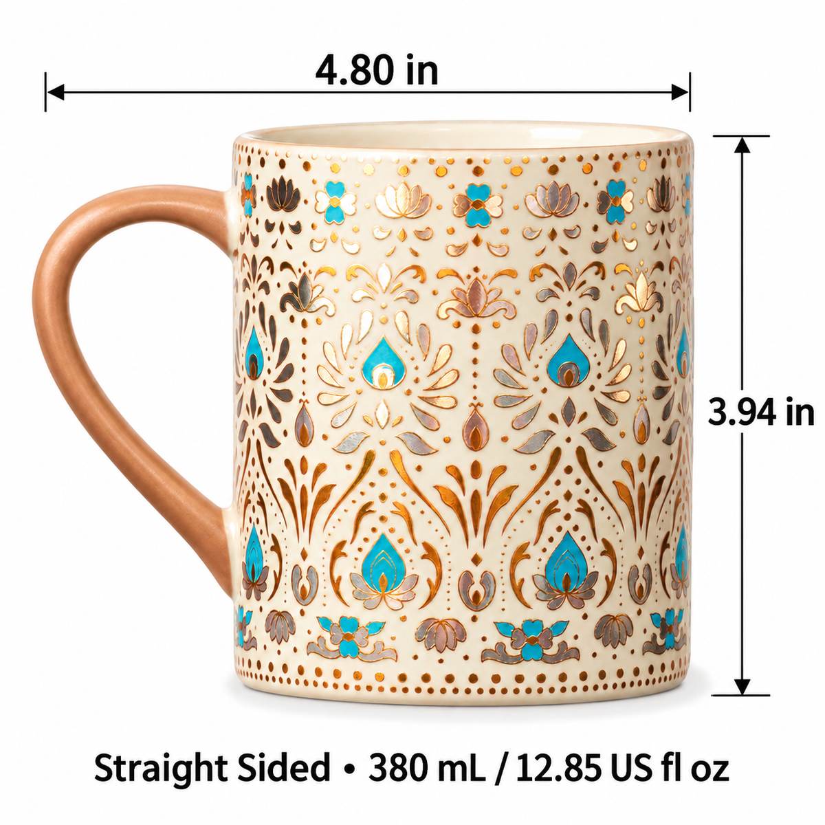 Ornate Ceramic Coffee Mug – Gold & Turquoise Feather Design