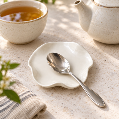 Ivory Ceramic Spoon Rest – Organic Wavy Edge