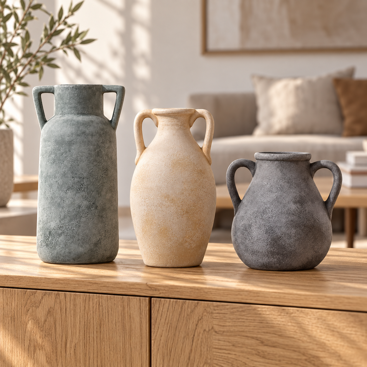 Warm Ivory Textured Ceramic Vase with Twin Handles