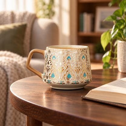 Ornate Ceramic Coffee Mug – Gold & Turquoise Feather Design