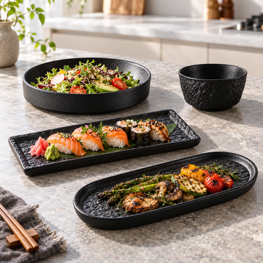 Rock Texture Ceramic Dinnerware Collection – Black & White