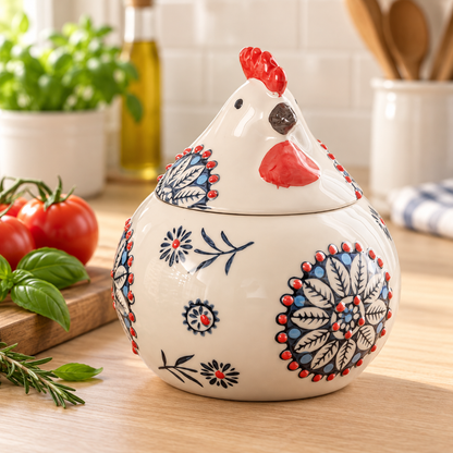 Floral Hen Ceramic Seasoning Jar with Lid