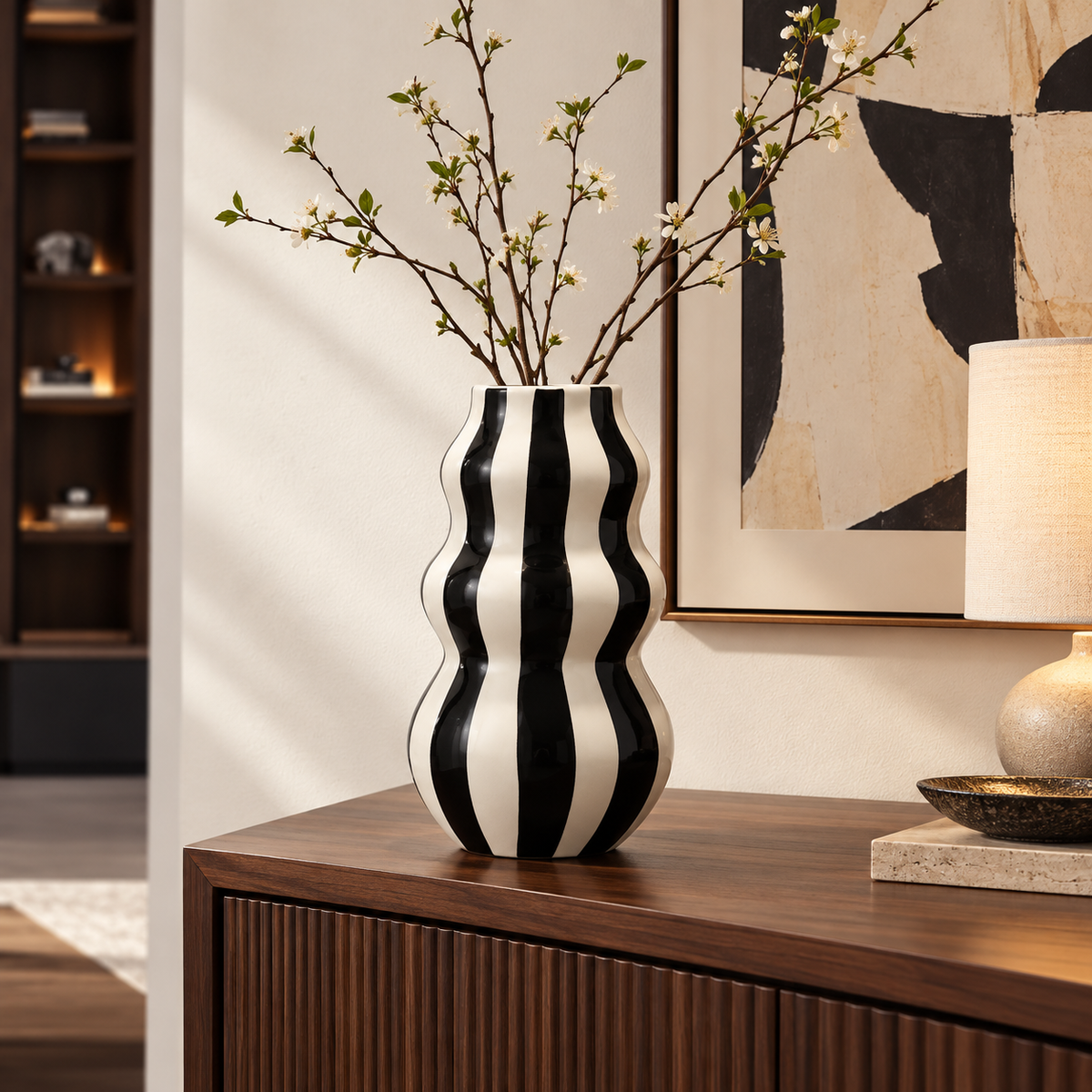 Striped Ceramic Wave Vase – Sculptural Home Décor