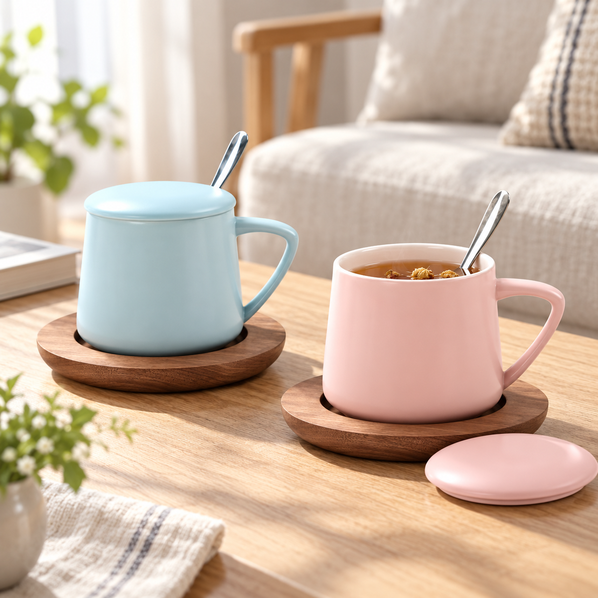 Ceramic Mug Gift Set with Lid, Spoon & Wooden Saucer – 450 mL