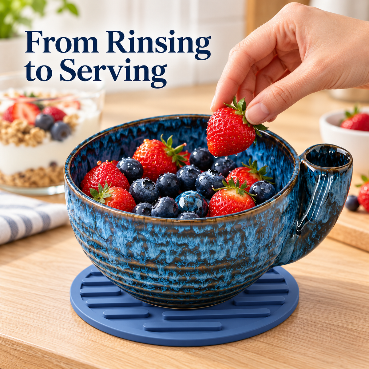 Blue Ceramic Berry Swirl Bowl with Free Silicone Mat