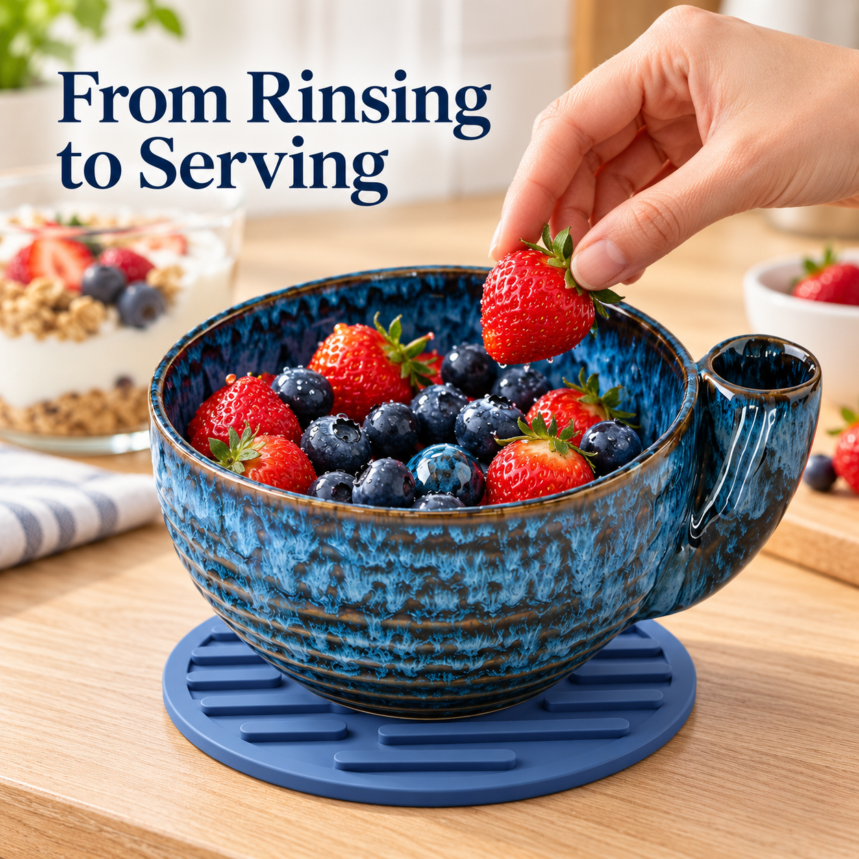 Blue Ceramic Berry Swirl Bowl with Free Silicone Mat