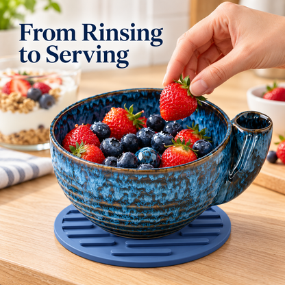 Blue Ceramic Berry Swirl Bowl with Free Silicone Mat